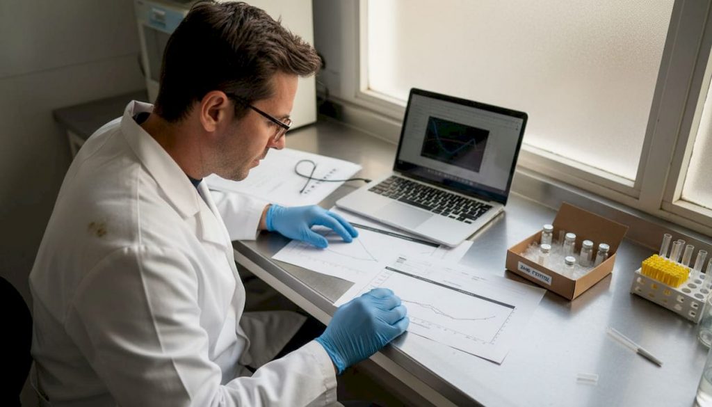 Scientist analyzing peptide data in laboratory