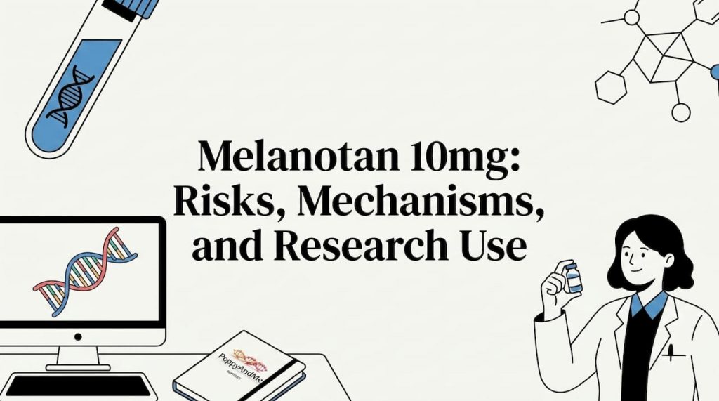 Flat vector scientific title card with peptide research motifs